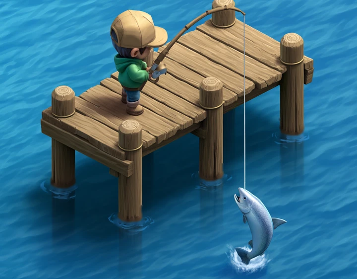 A red fishing boat tied up at the wharf in the game