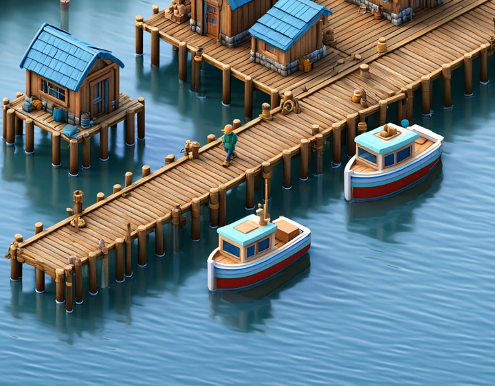 An upgraded wharf with a workshop and crane, rowboats moored alongside